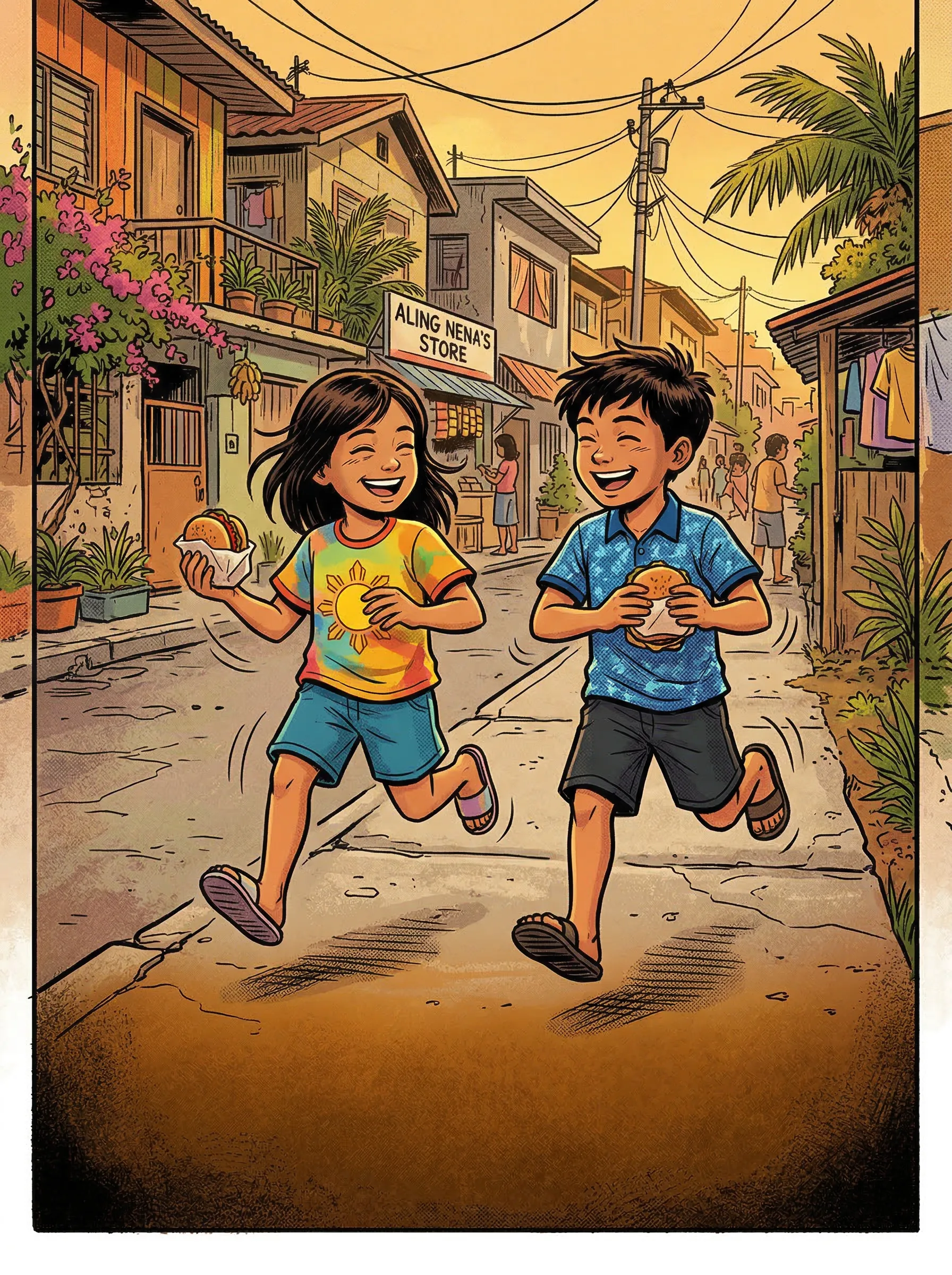 Two Filipino kids skipping with burgers