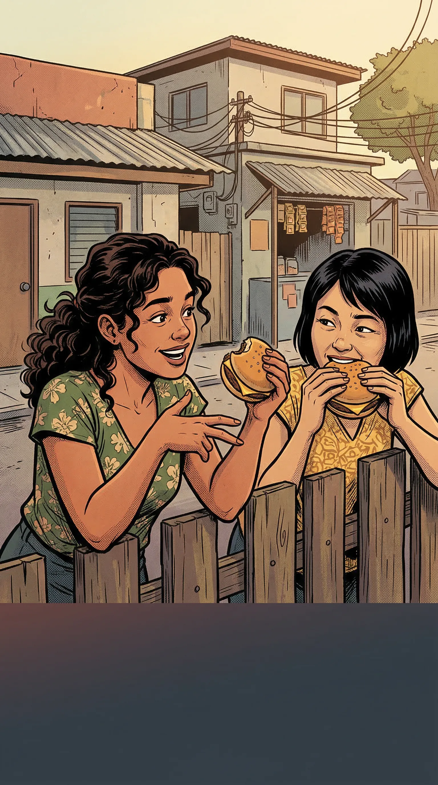 Two Filipina tsismosas chatting with cheeseburgers