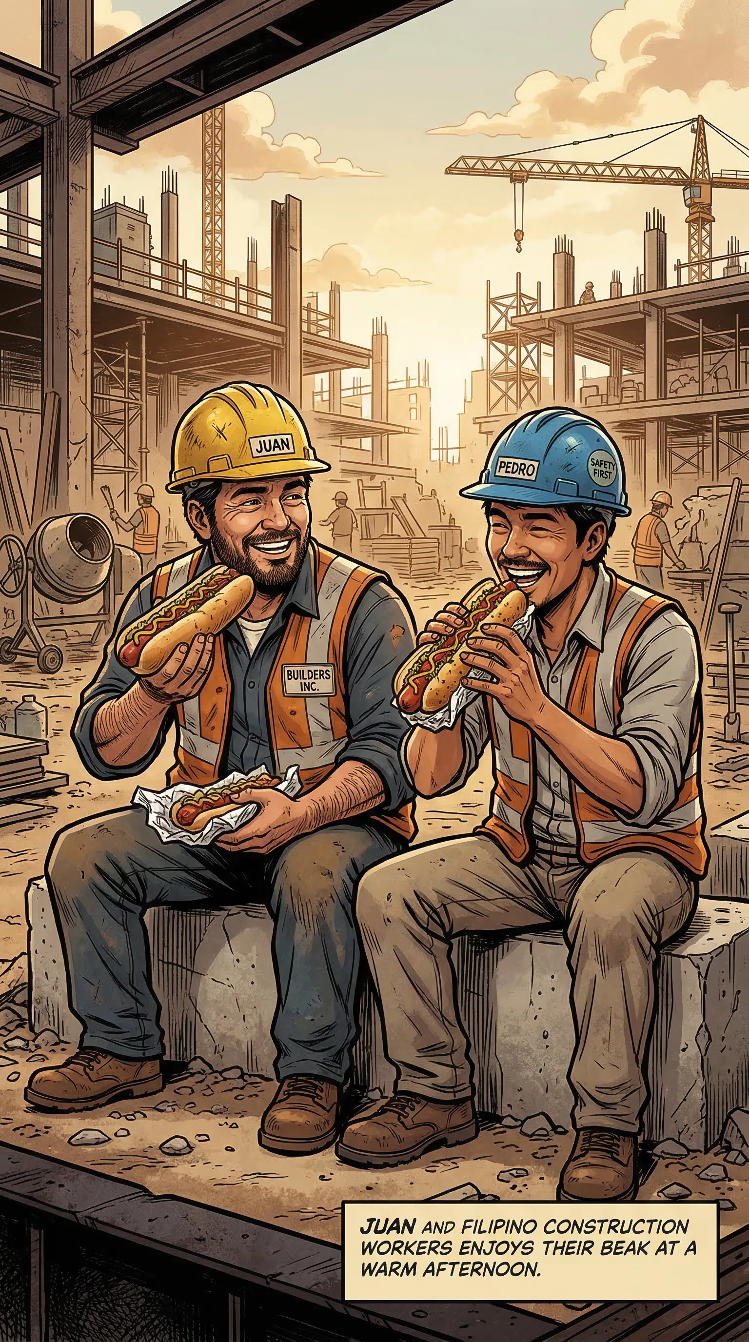 Two Filipino construction workers eating footlong sandwiches