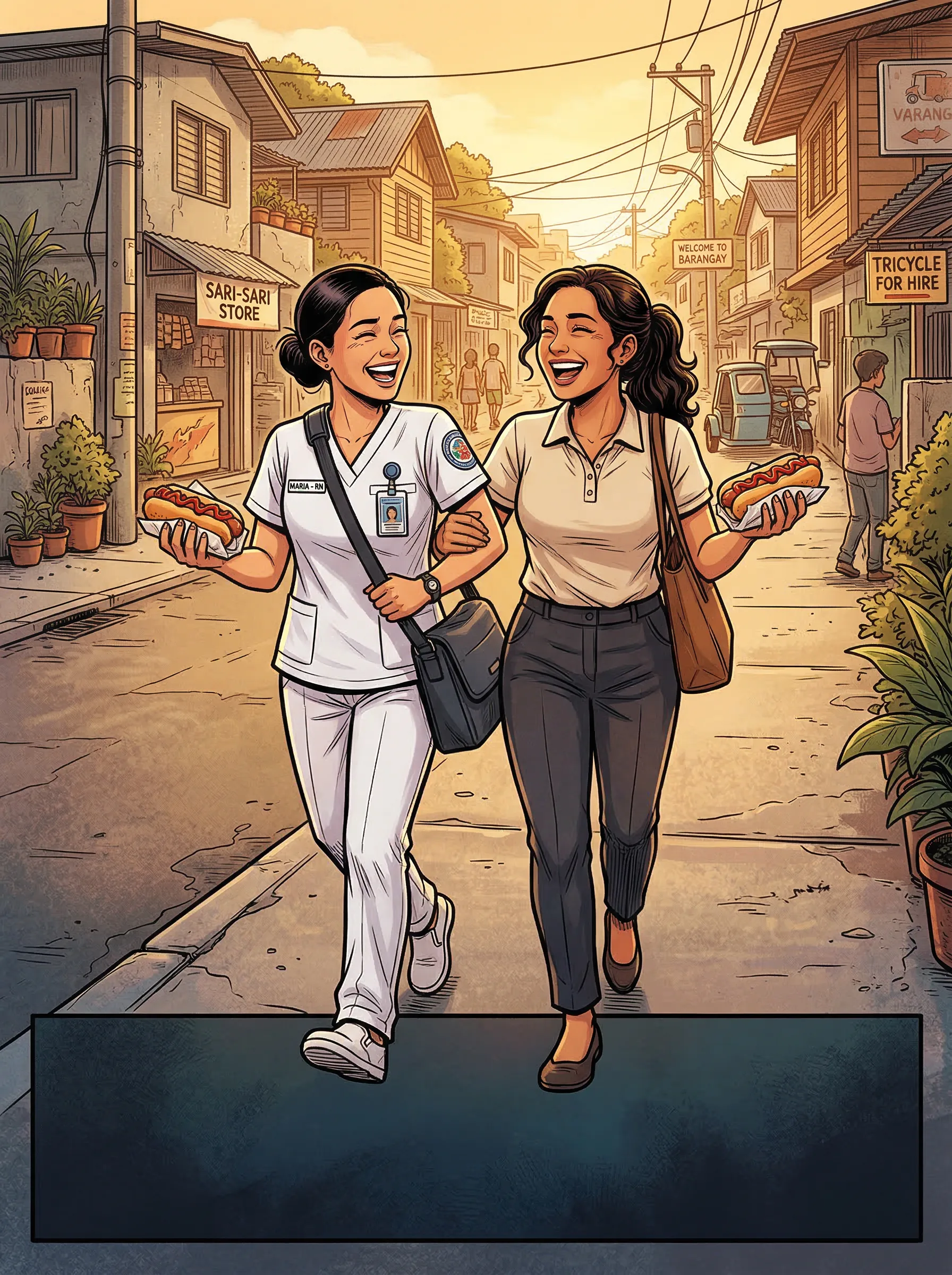 Filipina nurse and teacher walking with hotdog sandwiches
