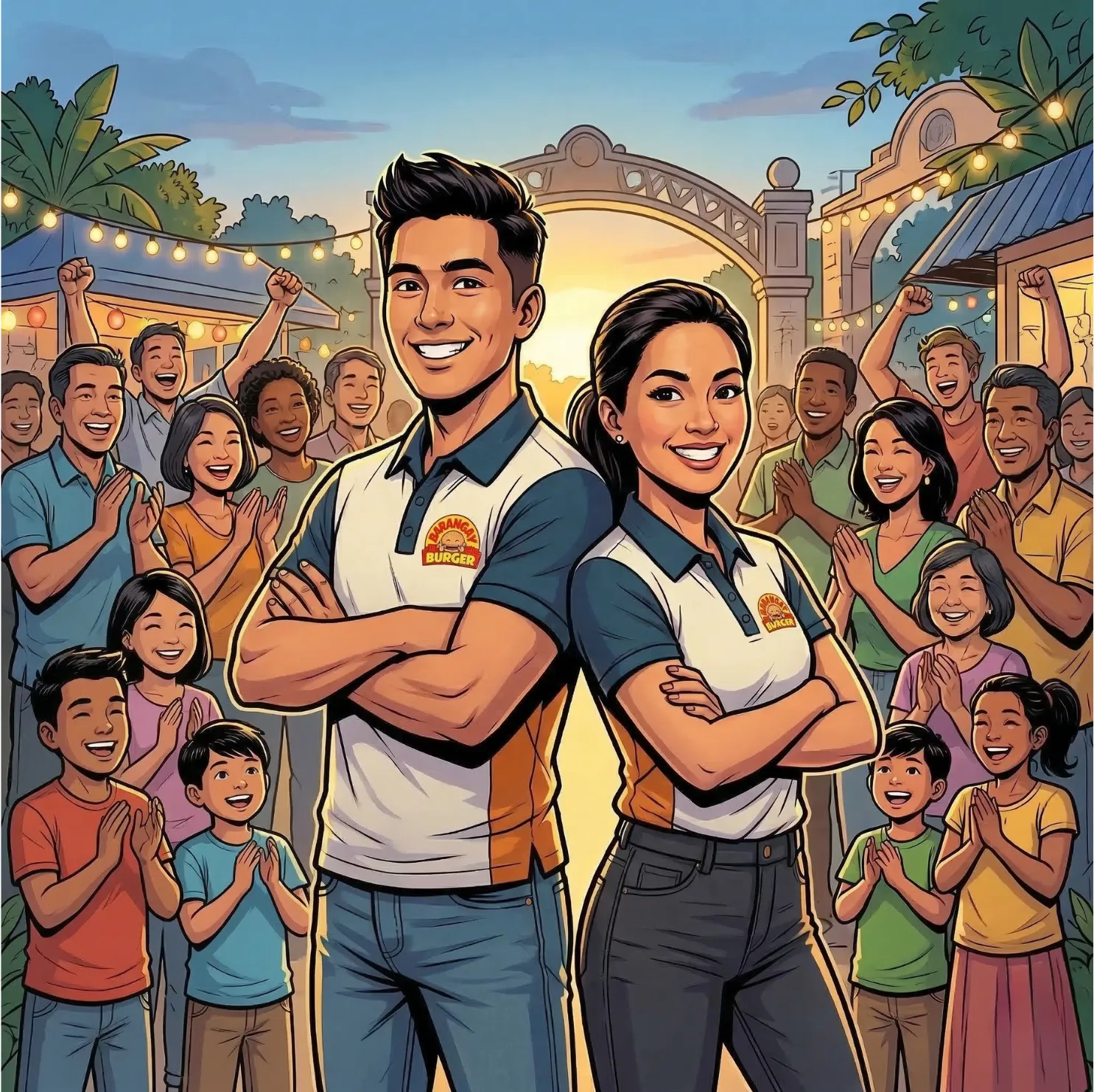 Filipino entrepreneur couple with franchisees behind them