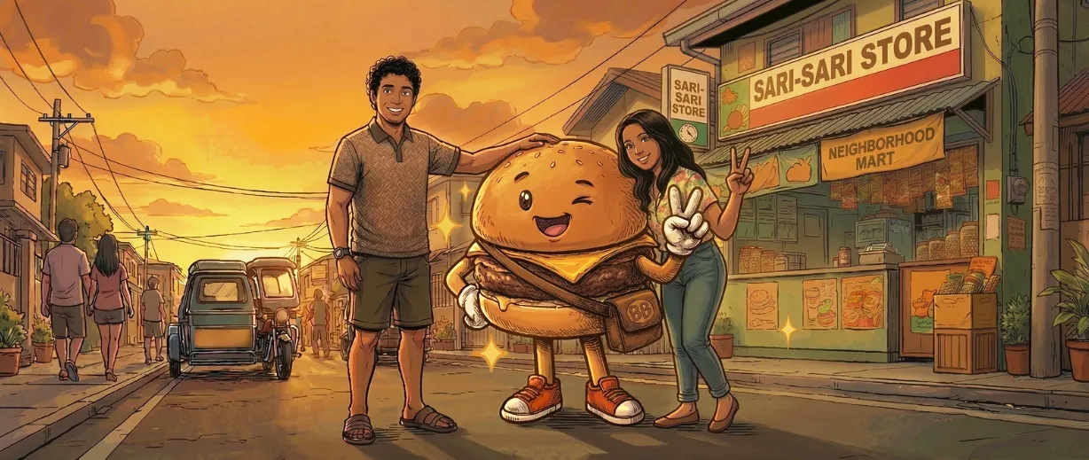 Filipino man and woman holding burgers with BB mascot in a barangay scene
